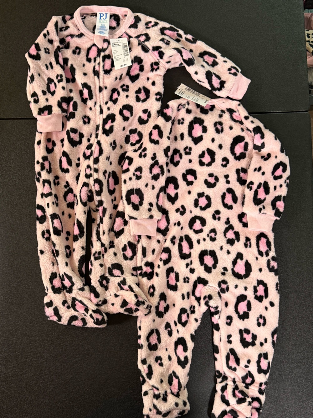 Twin girls set - 3-6m PJ Place Pink and Black Leopard Plush Footies